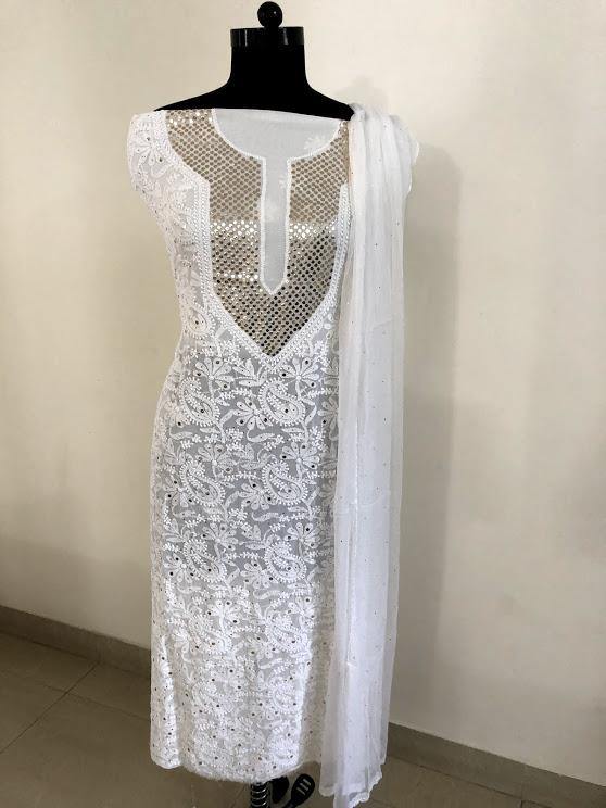 White Mukaish Chikankari Suit - Dress365days