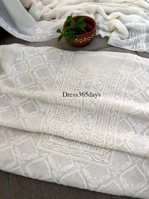 Ivory Hand Jaali & Pearls Lucknowi Chikankari Suit - Dress365days