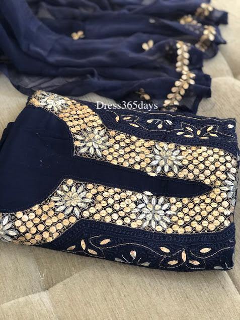 Navy Gota patti Neckline Chikankari Suit - Dress365days