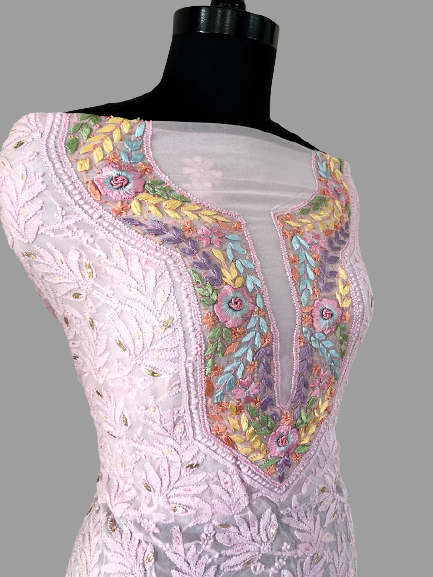 Powder Pink Multicolour Neckline Chikankari Suit - Dress365days