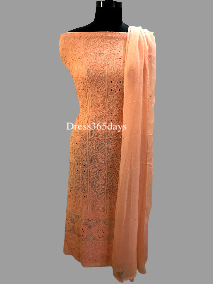 Peach Georgette Lucknowi Mukaish Suit - Dress365days