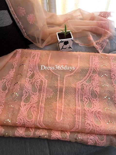 Peach Organza Mukaish Chikankari Suit - Dress365days