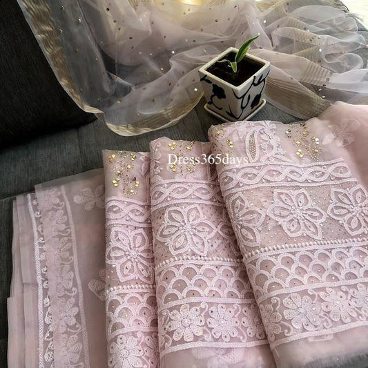 Organza Powder Pink Mukaish Chikankari Suit - Dress365days