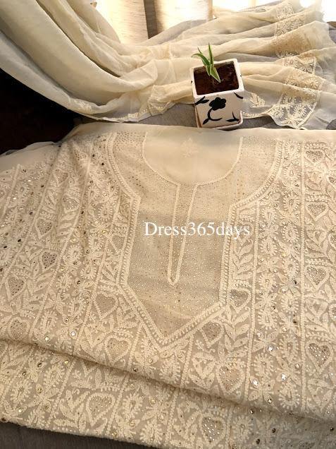 Beige Mukaish Chikankari Kurta Dupatta - Dress365days