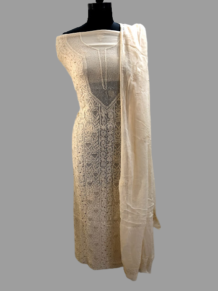 Beige Mukaish Chikankari Kurta Dupatta - Dress365days