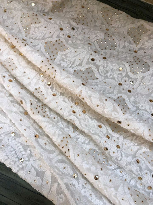 Lucknowi Chikankari Dupatta With Golden Mukaish