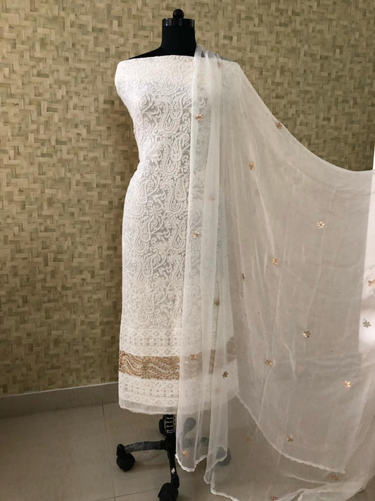 White Chikankari Kurti Fabric with Gota Patti Daaman