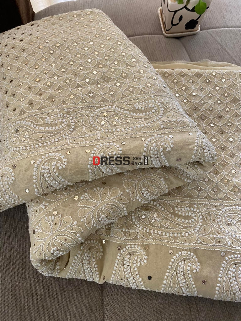 Beige Chikankari & Mukaish Saree