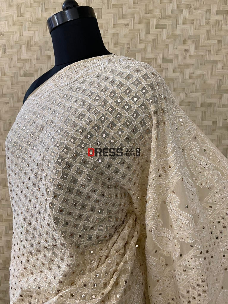 Beige Chikankari & Mukaish Saree