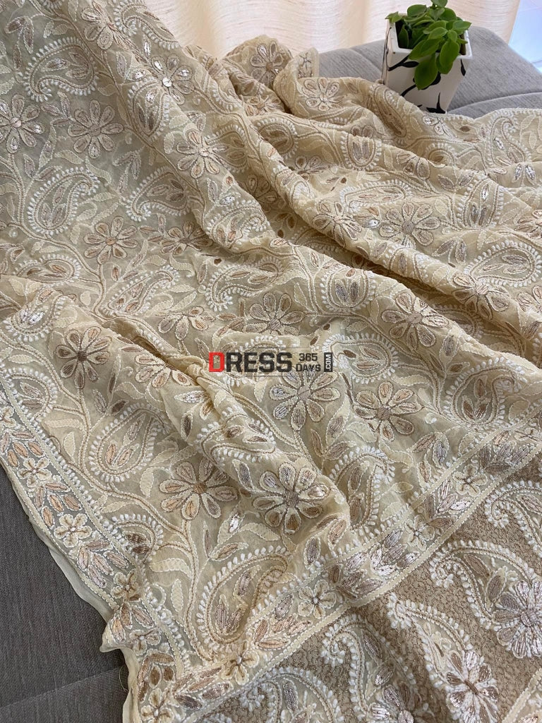 Beige Gota Patti Lucknowi Chikankari Dupatta