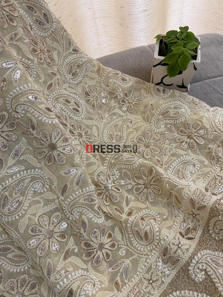 Beige Gota Patti Lucknowi Chikankari Dupatta