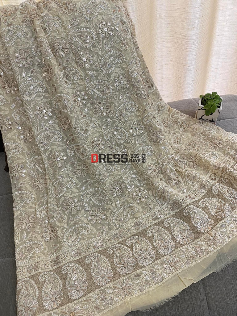 Beige Gota Patti Lucknowi Chikankari Dupatta