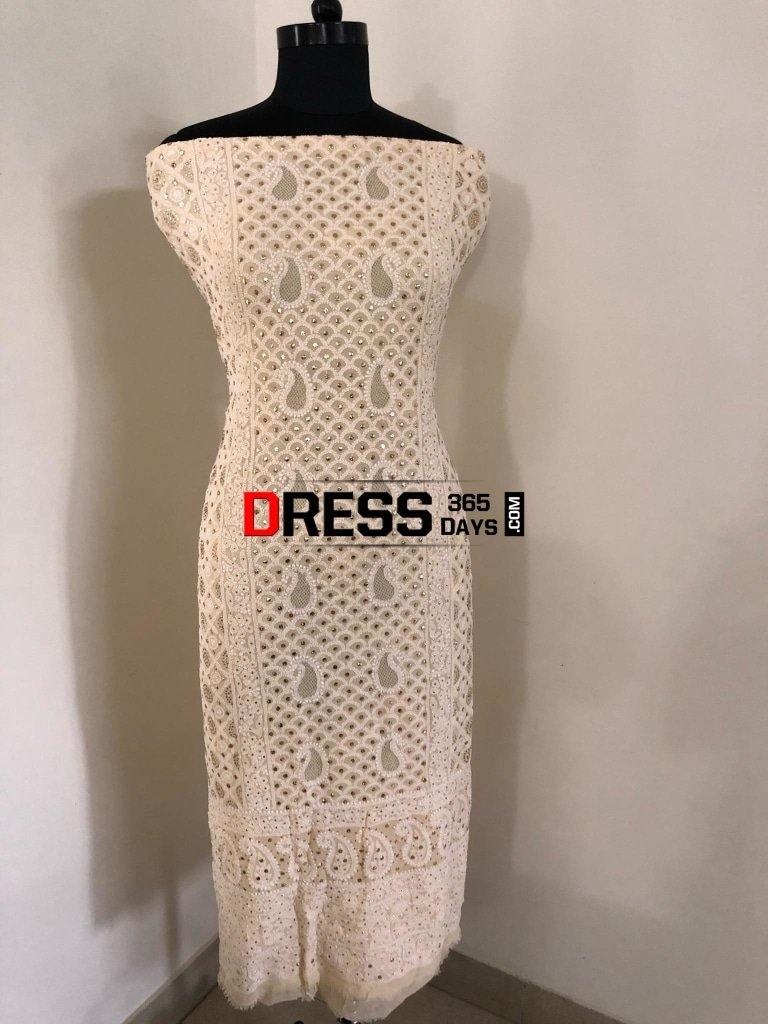 Beige Lucknow Chikankari Mukaish Suit Suits