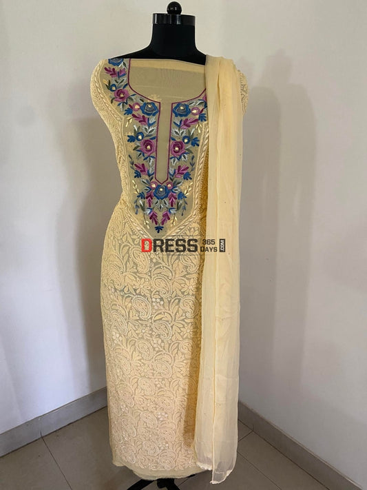 Beige Parsi Neckline Chikankari Suit Suits