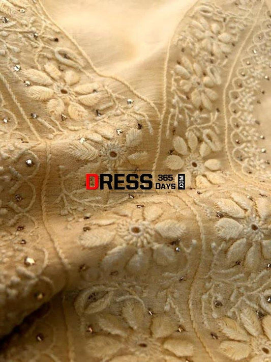 Beige Yellow Mukaish Chikankari Suit (Chanderi) Suits