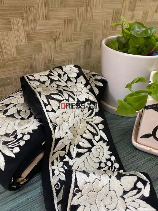 Black & Ivory Parsi Gara Hand Embroidered Border