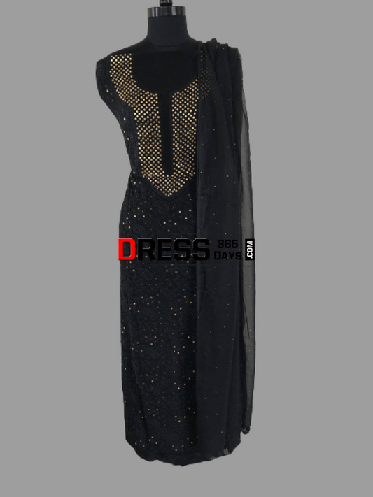 Black Mukaish Neckline Chikankari Kurta Dupatta Suits