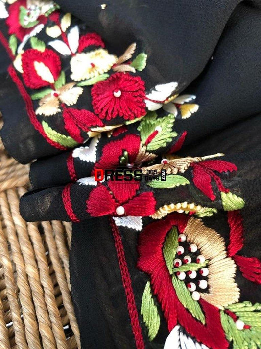 Black Parsi Ghara Embroidery Dupatta With Golden Mukaish Chikankari