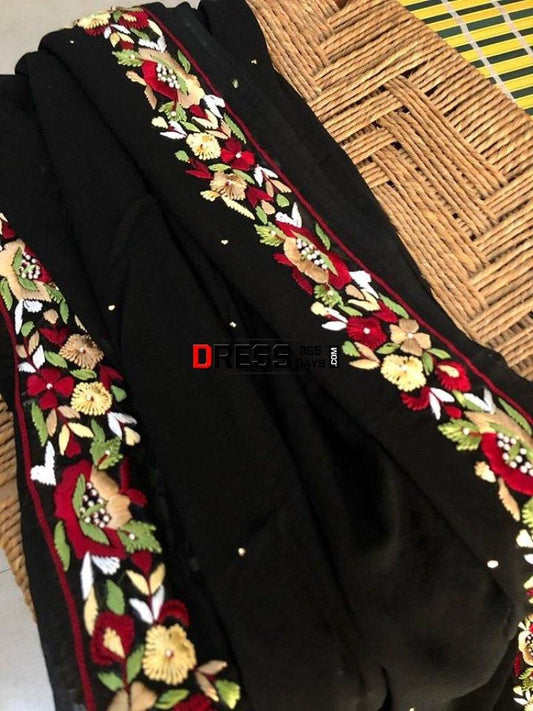 Black Parsi Ghara Embroidery Dupatta With Golden Mukaish Chikankari