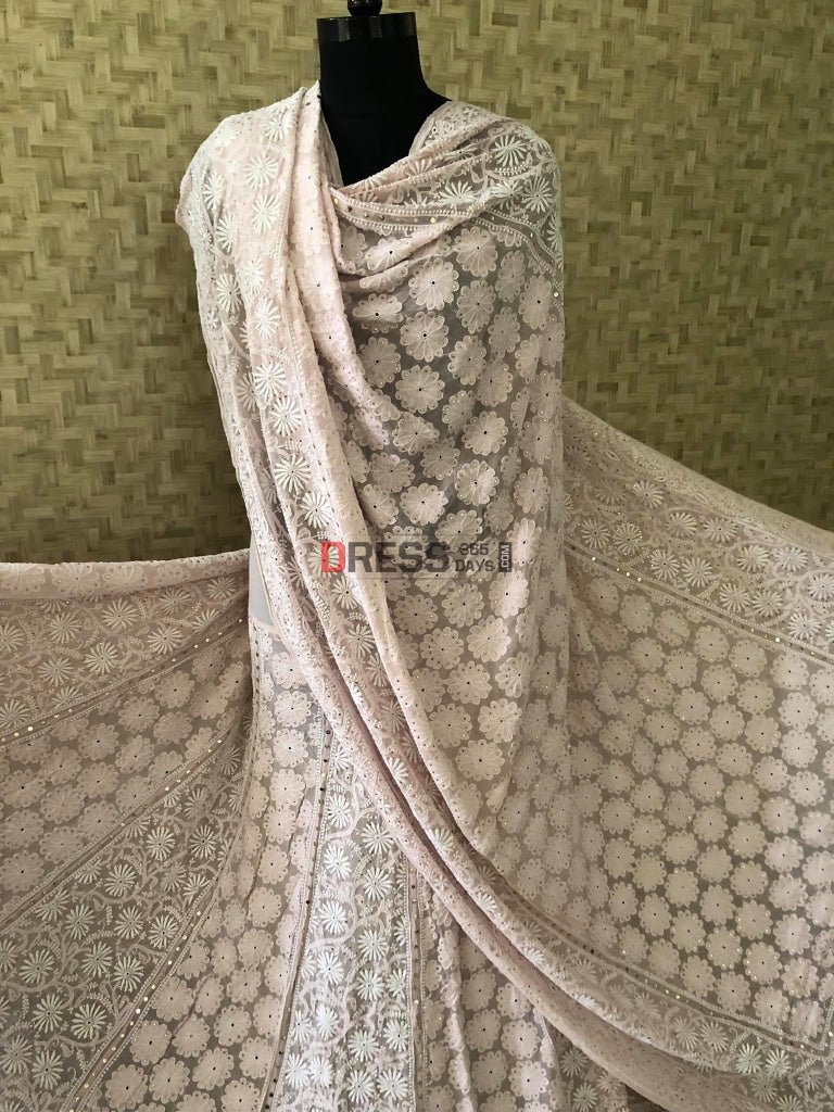 Blush Pink Fine Chikankari Kamdani Lehenga Set