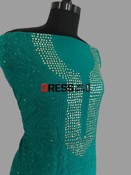 Bottle Green Lucknow Chikankari Mukaish Suit - Dress365days