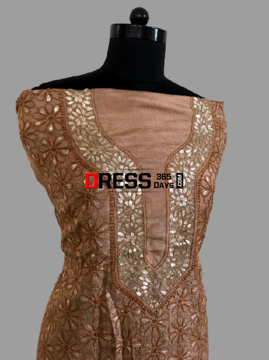 Brown Tussar Silk Gota Patti Chikankari Kurti Fabric