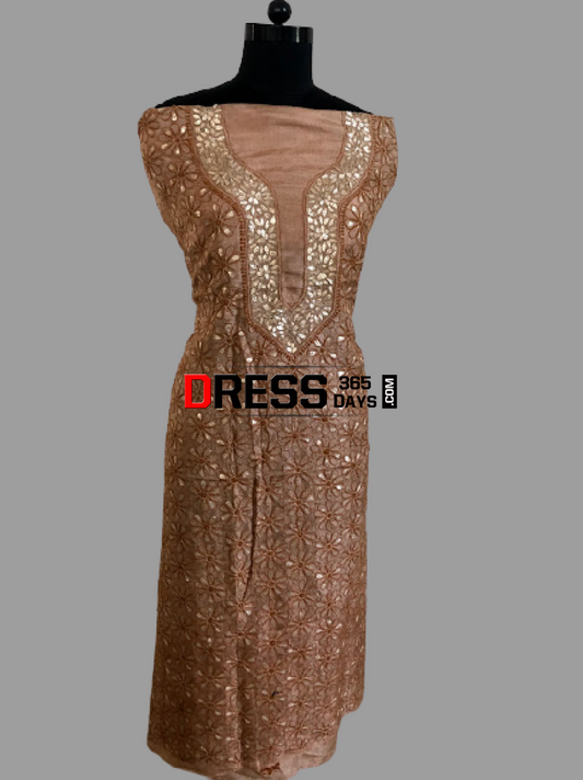 Brown Tussar Silk Gota Patti Chikankari Kurti Fabric