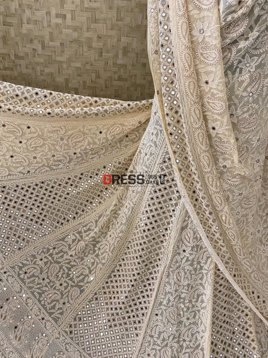 Designer Beige Lucknowi Pearl & Mirror Lehenga Set Chikankari