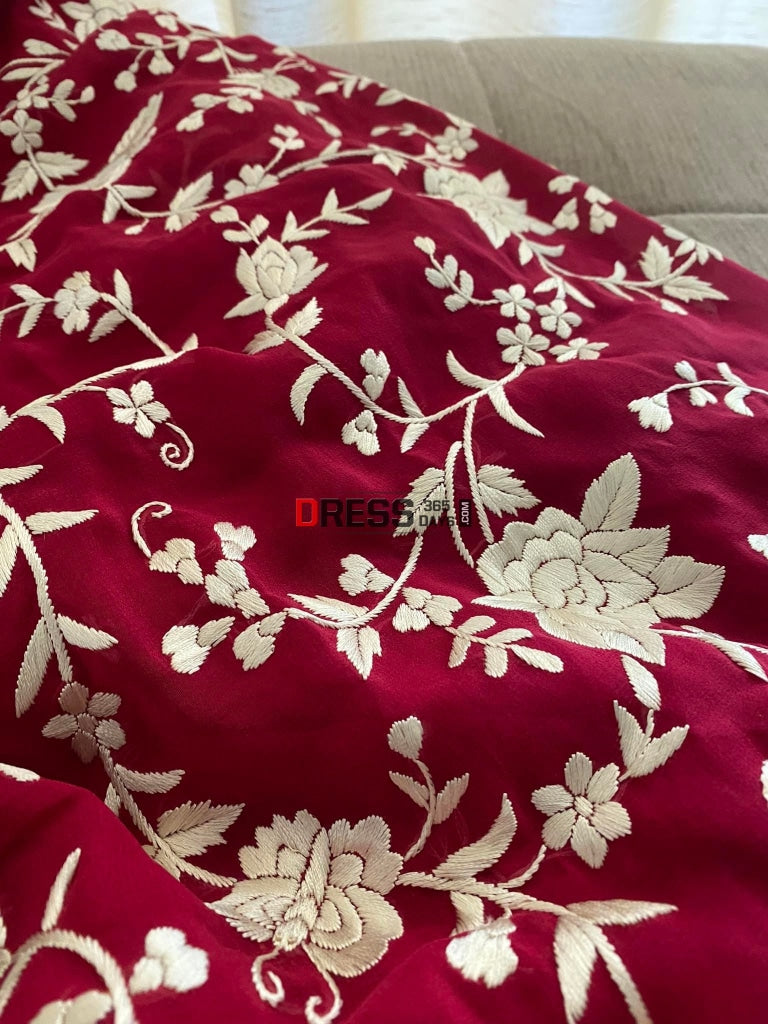 Designer Ivory & Rose Red Parsi Gara Saree