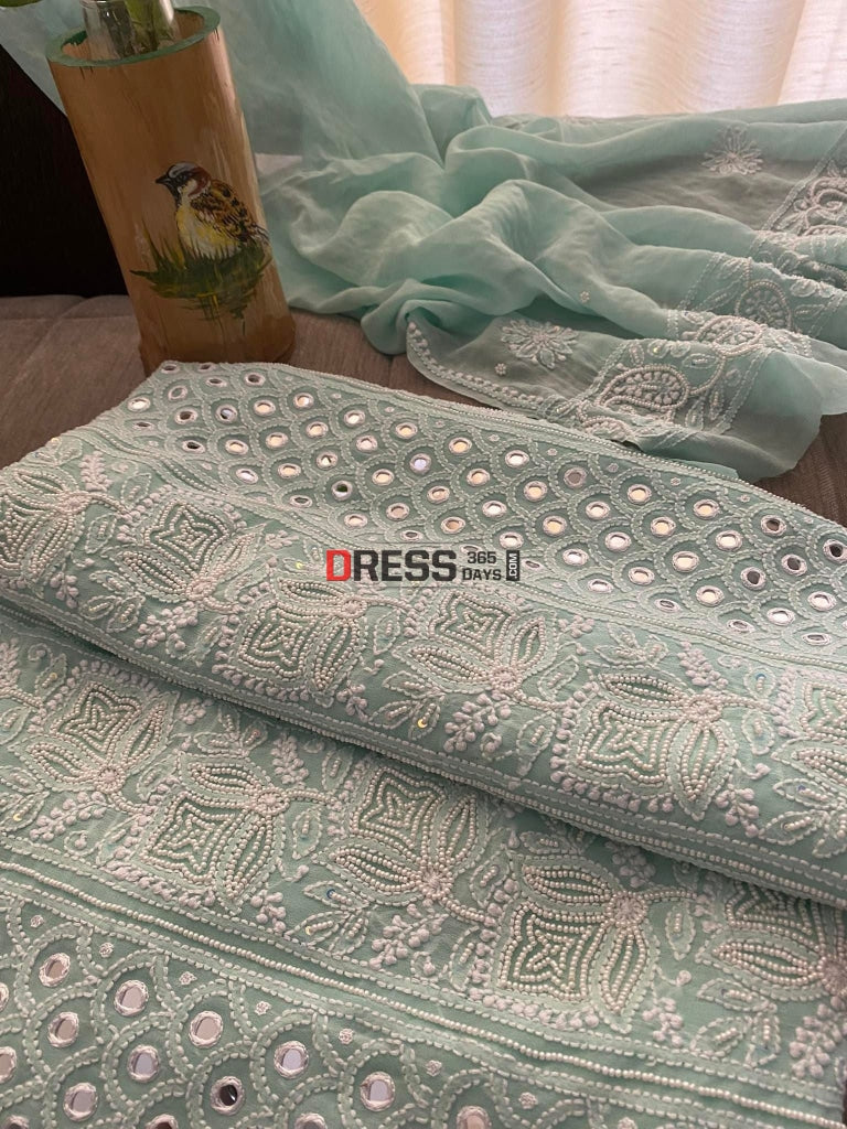 Exclusive Sea Green Pearl & Mirror Chikankari Suit Suits