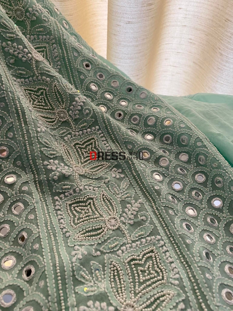 Exclusive Sea Green Pearl & Mirror Chikankari Suit Suits