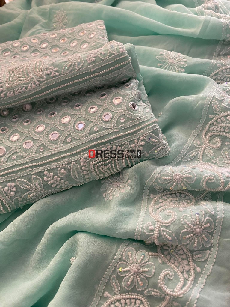 Exclusive Sea Green Pearl & Mirror Chikankari Suit Suits