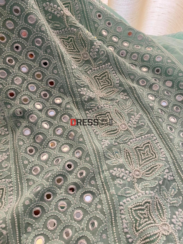 Exclusive Sea Green Pearl & Mirror Chikankari Suit Suits