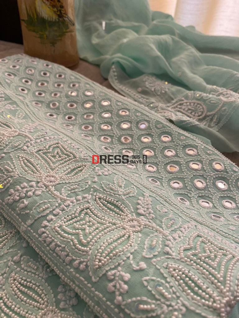 Exclusive Sea Green Pearl & Mirror Chikankari Suit Suits