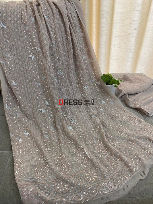 Fawn Chikankari Pearl Kurta Dupatta Set Suits