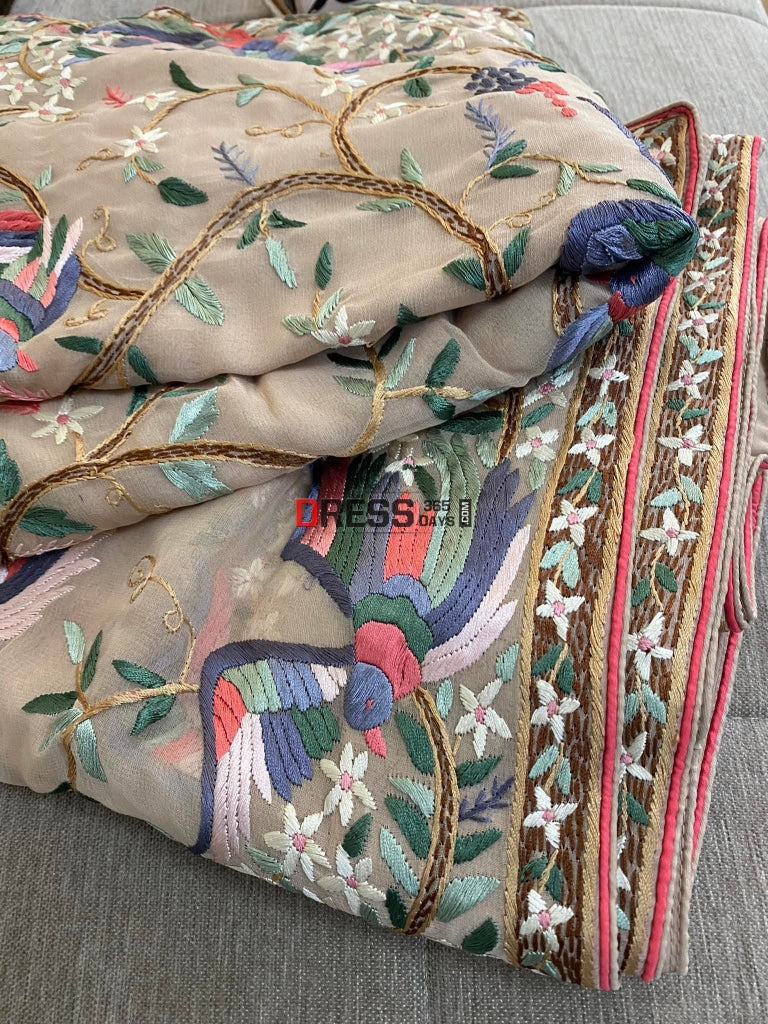 Fawn Parsi Gara Hand Embroidered Saree