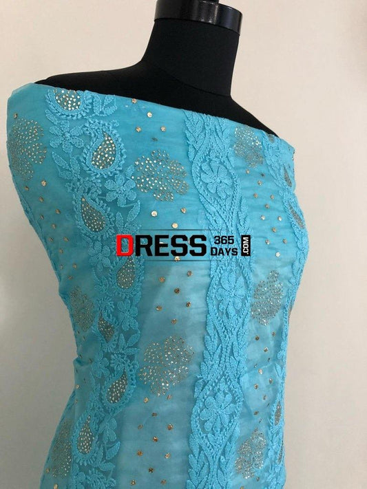 Ferozi Organza Chikankari Mukaish Suit Suits