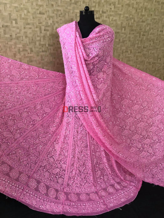 Fuschia Hand Crafted Mukaish Chikankari Lehenga Set