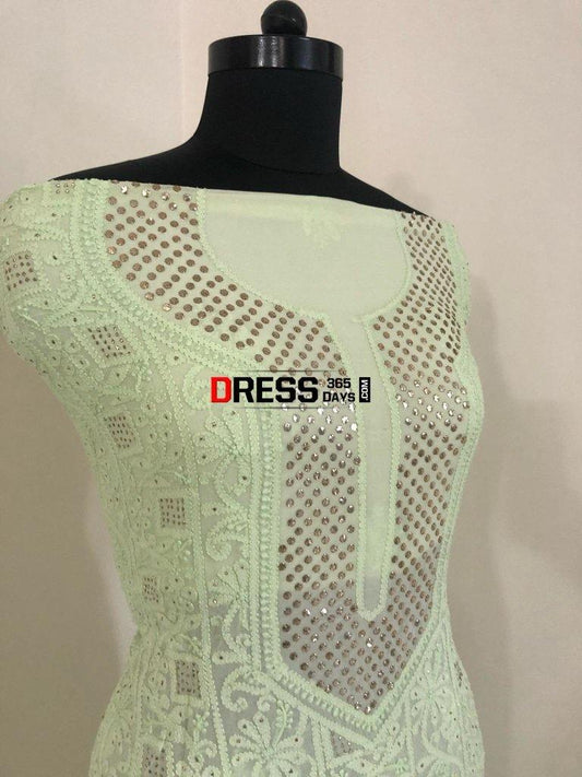 Green Mukaish Neckline Chikankari Suit Suits