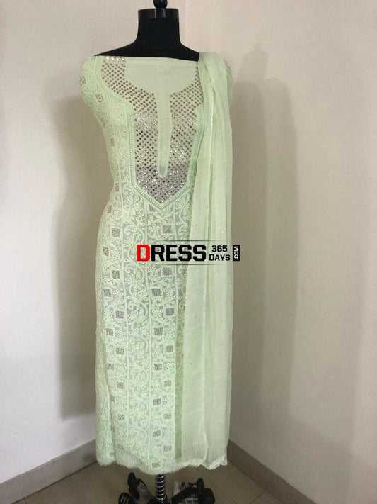 Green Mukaish Neckline Chikankari Suit Suits