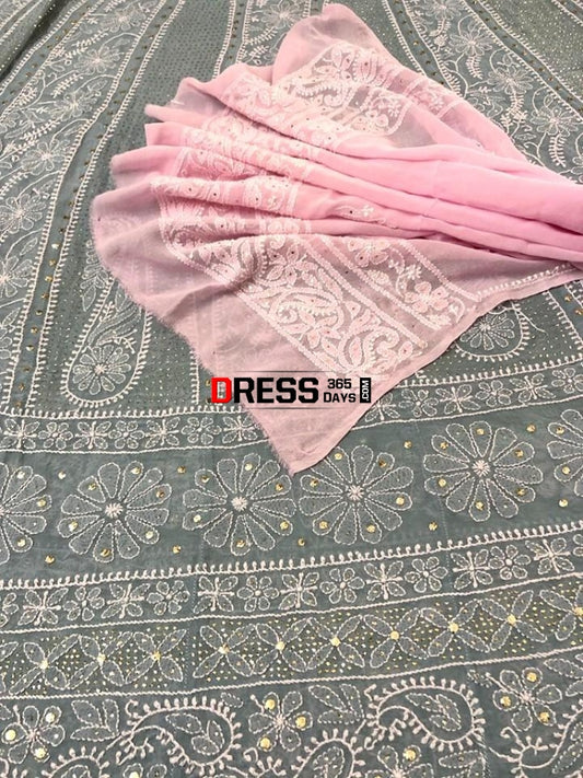 Grey Mukaish Work Chikankari Anarkali With Pink Dupatta (Anarkali And Dupatta)