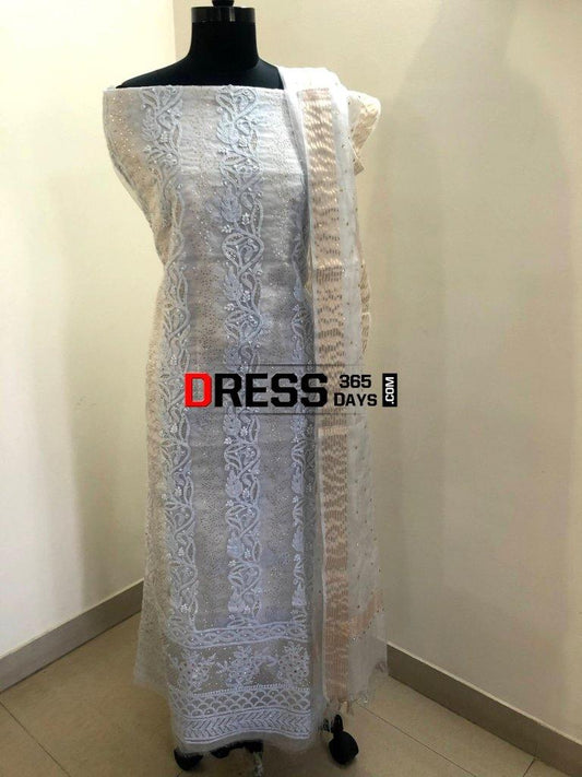 Grey Organza Mukaish Chikankari Suit Suits