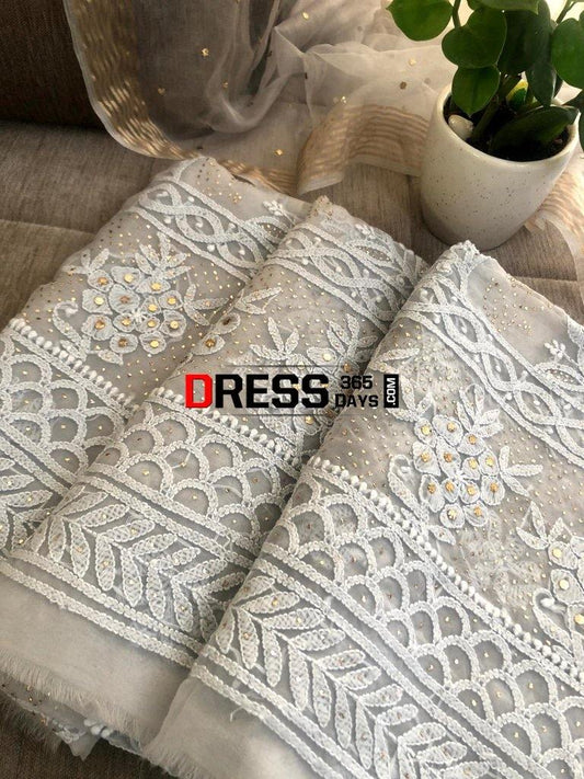 Grey Organza Mukaish Chikankari Suit Suits