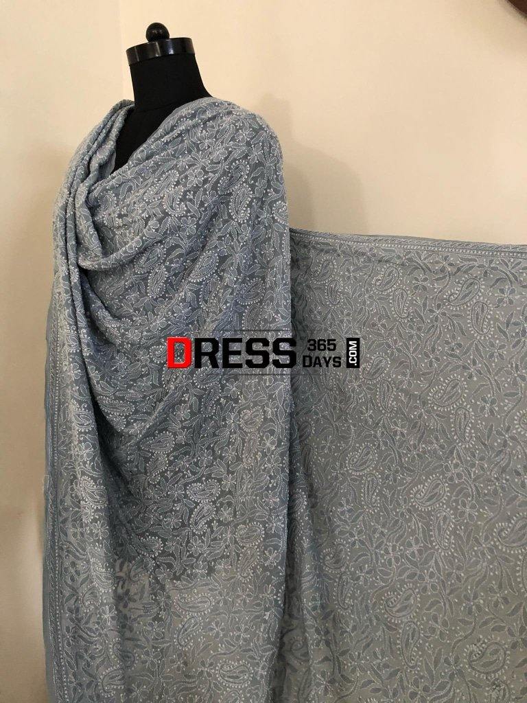 Grey Pure Georgette Chikankari Dupatta