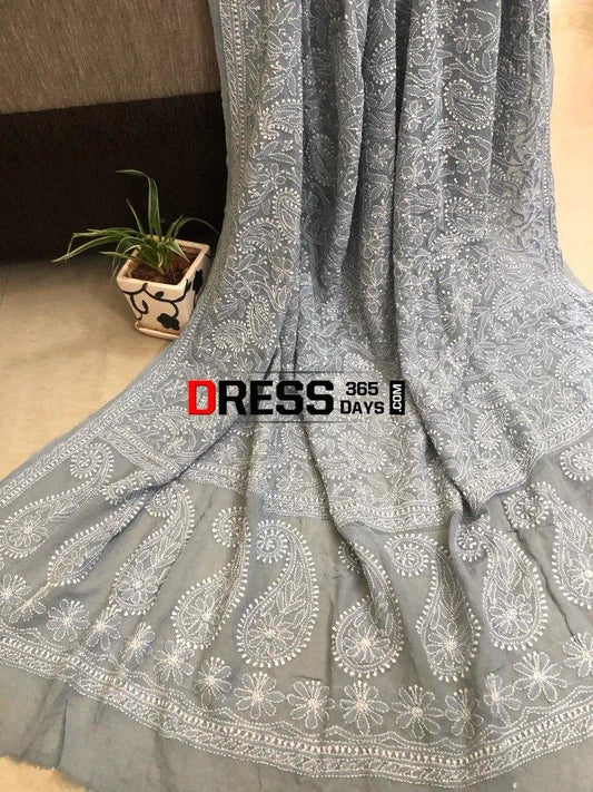 Grey Pure Georgette Chikankari Dupatta