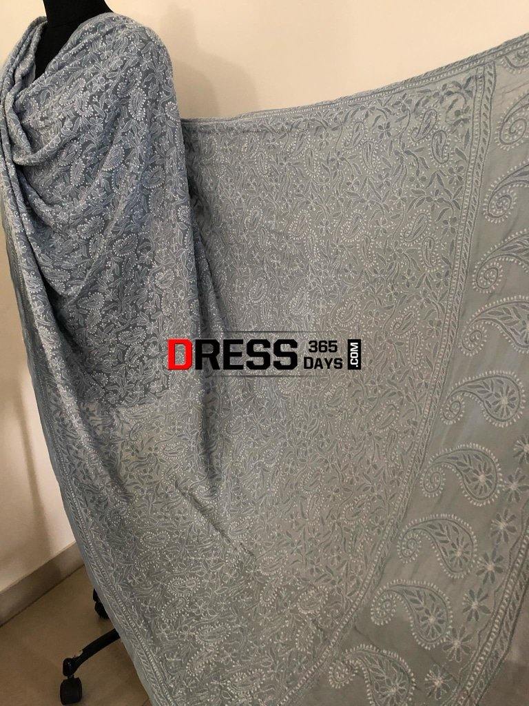 Grey Pure Georgette Chikankari Dupatta