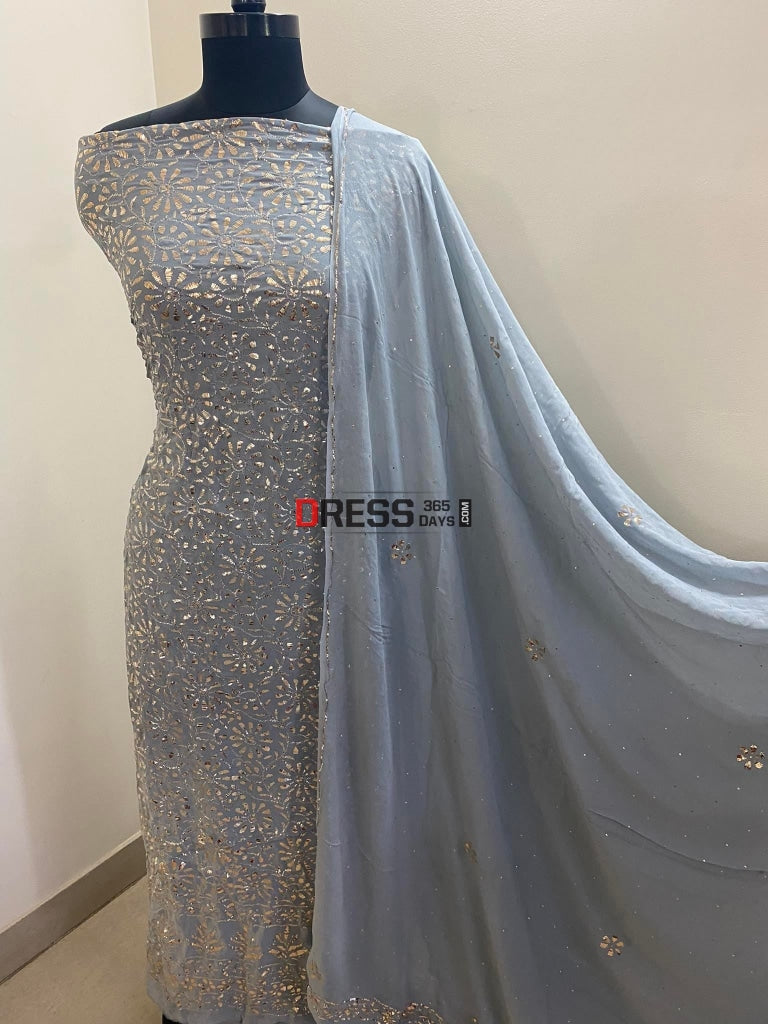 Grey Pure Georgette Mukaish Suit Chikankari Suits