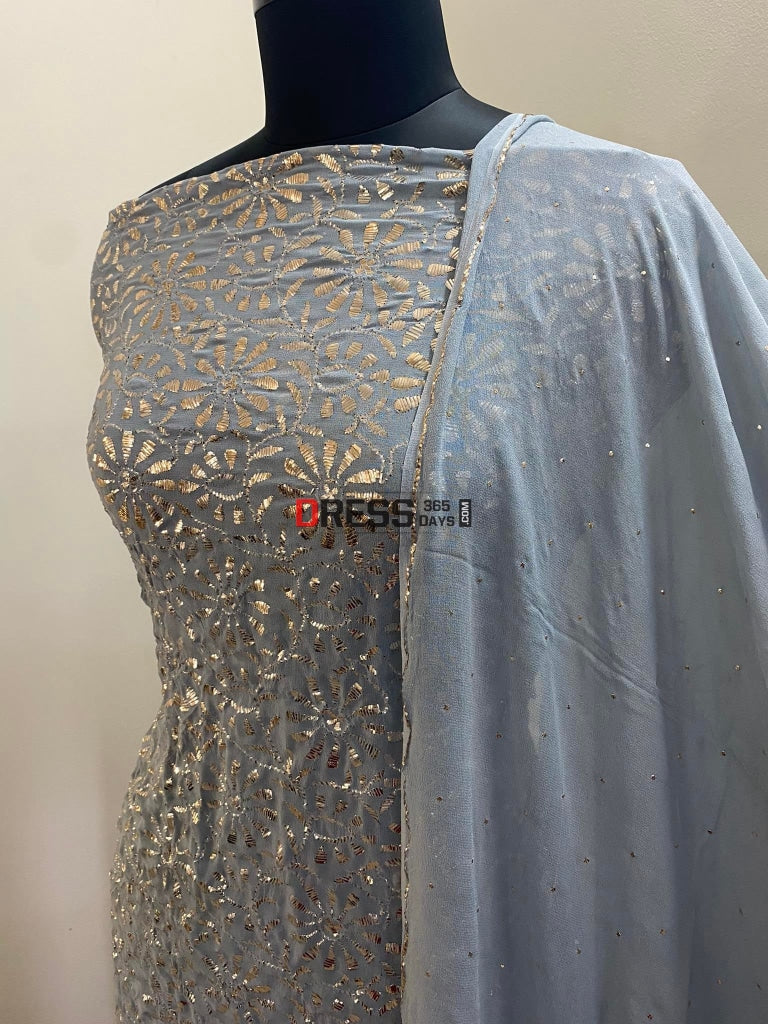 Grey Pure Georgette Mukaish Suit Chikankari Suits