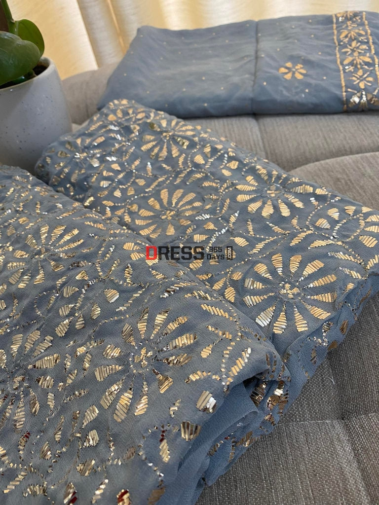 Grey Pure Georgette Mukaish Suit Chikankari Suits