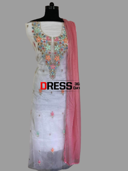 Hand Crafted Organza Beads and Parsi Gara Suit - Dress365days